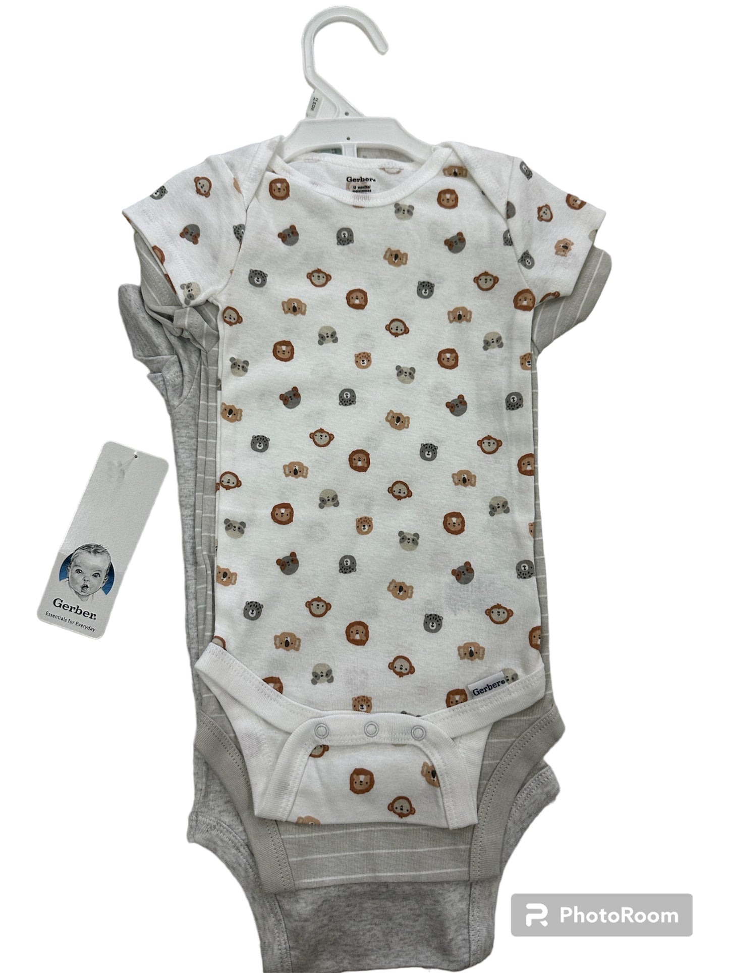 Gerber Set de 3 Onesies Animales del Zoo Gris